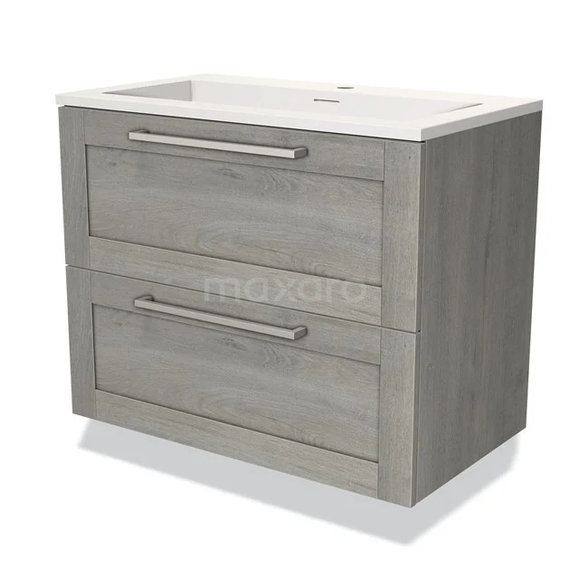 Grey wooden Vanity unit with two drawers, modern metal handles and ceramic basin, perfect for a stylish bathroom.
