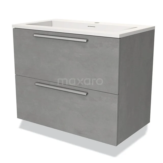 Grijze badkamermeubelset met twee lades, moderne uitstraling, en een keramische wastafel voor een stijlvolle badkamerinrichting.