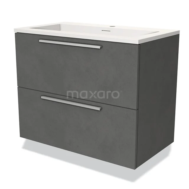Grey vanity set with two drawers, modern concrete-look design and a white basin; ideal for stylish bathroom storage.