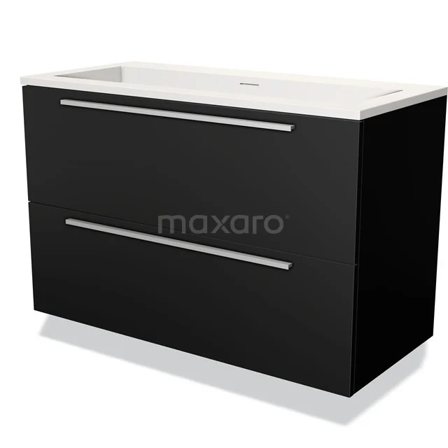 Black bathroom cabinet with white basin, modern design, two drawers and chrome handles, suitable for stylish bathrooms.