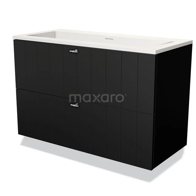 Zwarte badmeubelset met twee lades, glanzende afwerking en keramische wastafel, ideaal voor moderne badkamers.