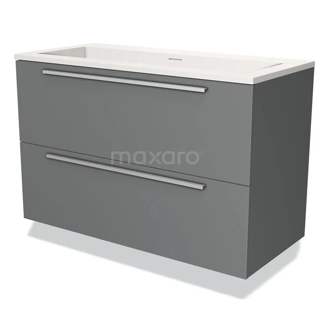 Grey bathroom unit with two wide drawers, modern straight lines and a white vanity units with basin, ideal for practical storage.