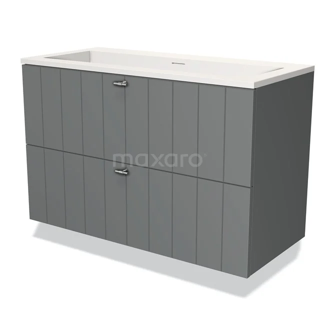 Grijze houten wastafelmeubel met witte keramische wasbak, ideaal voor een moderne badkamer.