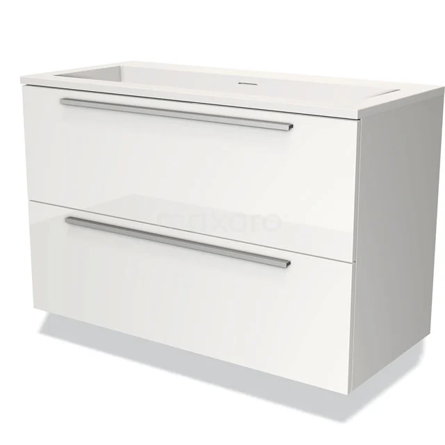 Witte badkamermeubel met twee lades, strakke grepen en een geïntegreerde wastafel, modern design voor badkameropslag.