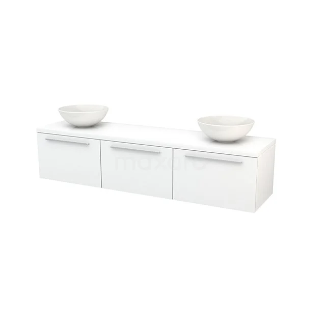 Modulo+ Plato Vanity units for countertop basin | 180 cm High-gloss white Flat front High-gloss white worktop 3 Side-by-side drawers BMK002440 White vanity set with double countertop wash basins, three drawers and sleek modern design, perfect for stylish bathroom decor.