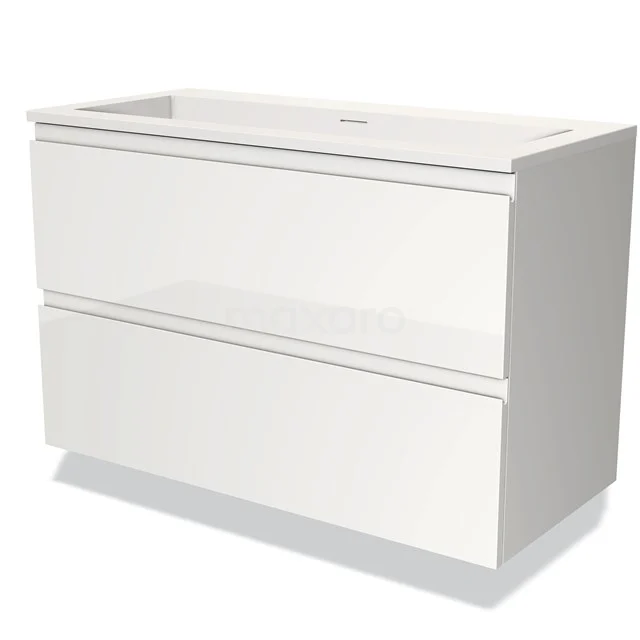 Witte badkamermeubel met twee softclose-laden, glanzende afwerking en keramische wastafel, ideaal voor moderne badkamers.