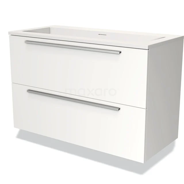 Witte badkamerkast met twee brede lades, strakke RVS handgrepen, modern design en afwerking; ideaal voor badkameropslag.