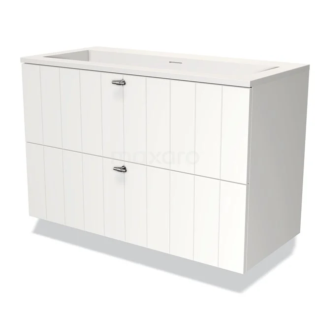 Witte badkamerkast met dubbele laders, mat afwerking en geïntegreerde wastafel; strak en modern ontwerp.
