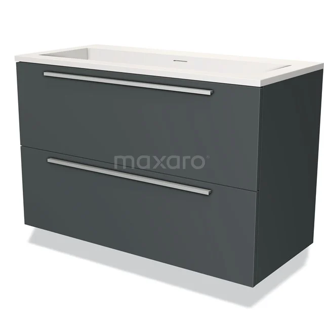 Antracietgrijze wastafelmeubel met twee lades, strak design, keramische wasbak en Riva-serie geschikt voor moderne badkamers.