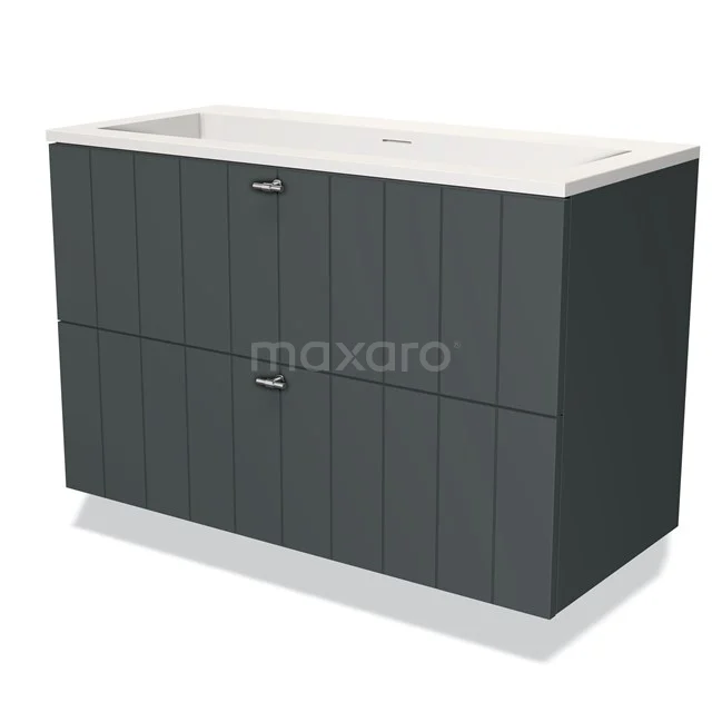 Grey double basin bathroom furniture set with vertical panels, two drawers and a white basin; modern design.