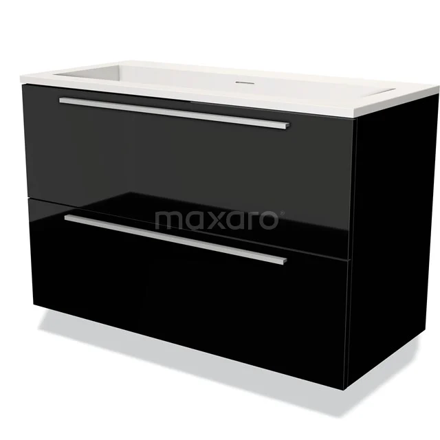 Zwart glanzend badkamermeubel met witte wastafel, twee lades en strak design; ideaal voor een moderne badkamerstijl.