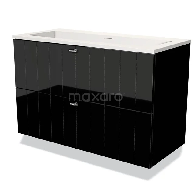 Glossy black bathroom unit with integrated vanity units with basin, modern design and chrome handles.
