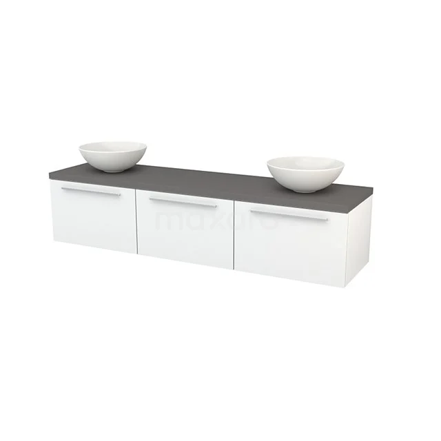 Weiße Badmöbelset mit drei Schubladen, einer Dunkelgrau Platte und zwei Aufsatz Waschbecken; modernes Design aus Holz.