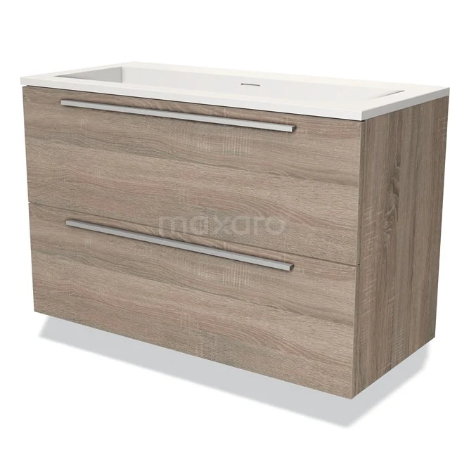 Houten badkamermeubel met wastafel, twee lades en moderne handgrepen, perfect voor stijlvolle en praktische badkamerruimte.