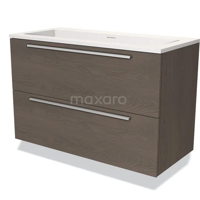Bruine houten badkamermeubel met twee lades en een witte wastafel, strak design voor moderne badkamers.