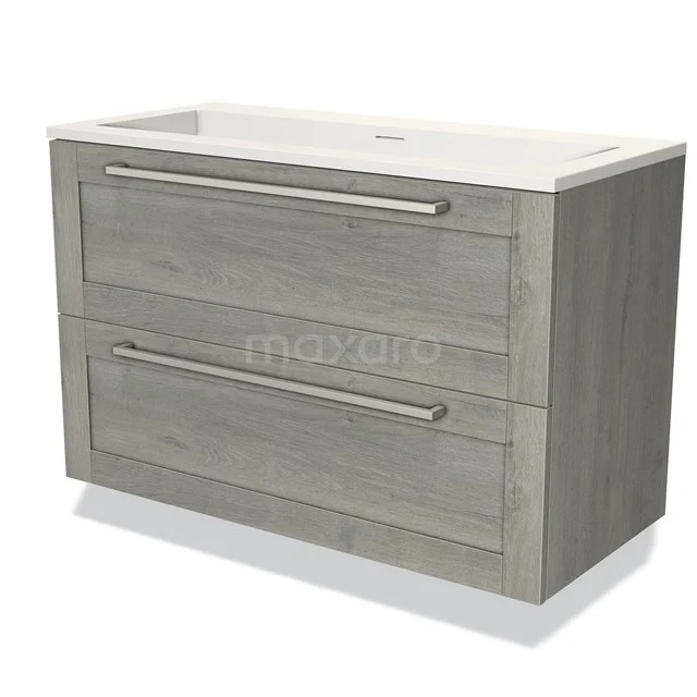 Grijze houten badkamermeubel met twee lades, witte wastafel van keramiek, modern design uit de Elegance-serie.