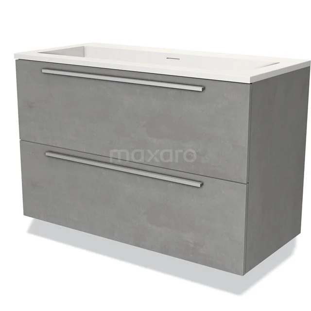 Grijze badkamermeubelset met betonlook, twee lades en witte wastafel, modern design voor stijlvolle badkamerinrichting.