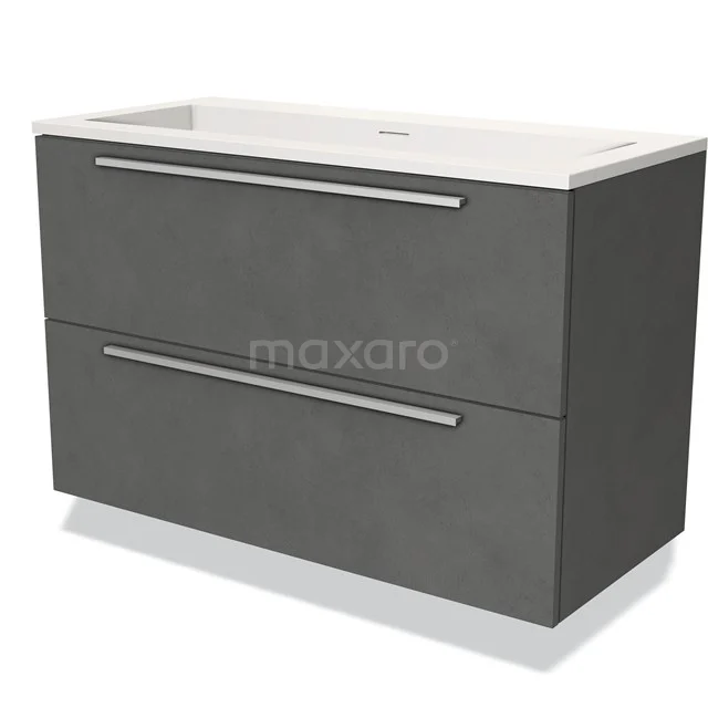 Antraciet grijze badkamermeubel met twee lades, chromen handgrepen en geïntegreerde wastafel, modern en praktisch design.