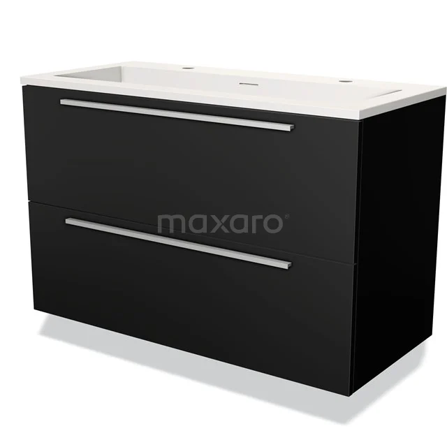 Black bathroom furniture set with two drawers, sleek stainless steel handles and white basin; modern style for the bathroom.