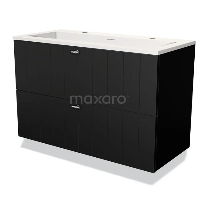 Zwarte badmeubelset met twee lades, witte keramische wastafel en modern design, ideaal voor stijlvolle badkamerinrichting.