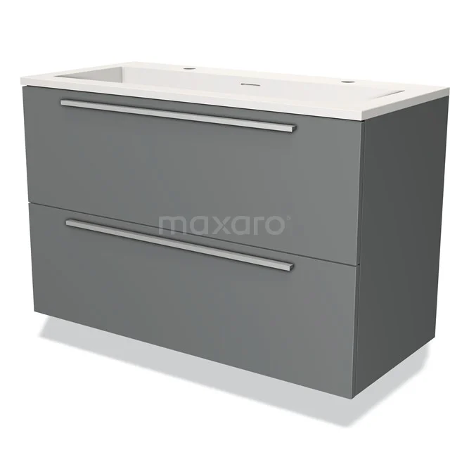 Grijze badkamermeubel met dubbele wastafel, twee lades en strakke lijnen, perfect voor moderne badkamers.