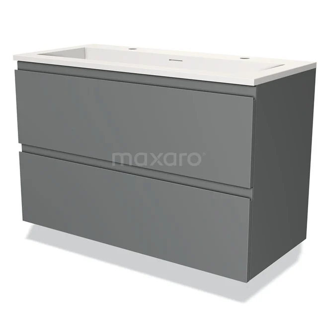 Grijze badkamermeubelset met twee soft-close lades en witte wastafel, moderne strak design voor stijlvolle badkameropslag.
