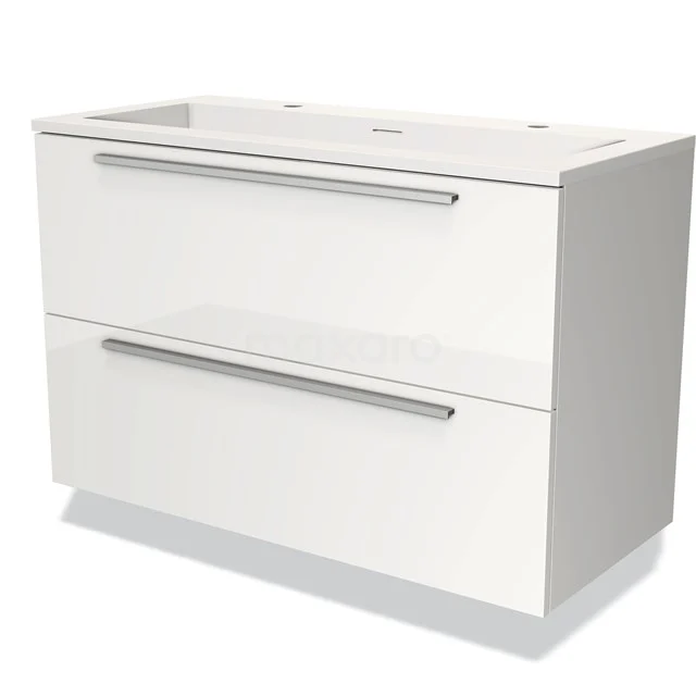 White vanity unit with two drawers, glossy finish and sleek design, ideal for modern bathroom decor.