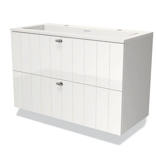 White bathroom unit with vertical grooves, two wide drawers, and metal handles. Suitable for modern bathroom design.