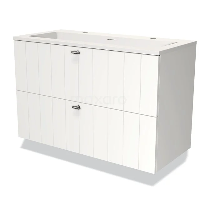 Wit badkamermeubel met dubbele lades, modern geribbeld design en duurzame afwerking voor stijlvolle badkameropslag.