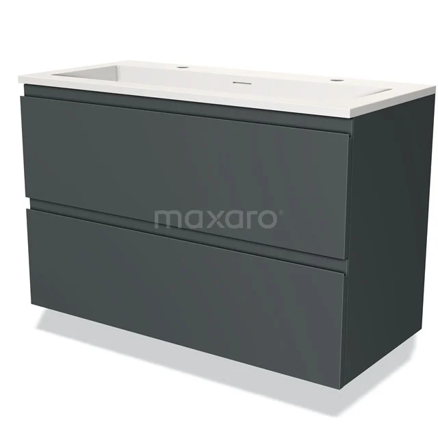 Donkergrijze badkamermeubelset met twee lades, witte keramische wastafel en strak design. Perfect voor moderne badkamers.