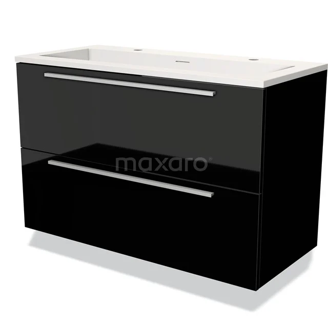 Zwart hoogglans badkamermeubel met twee lades, witte wastafel en chromen handgrepen, modern design voor een strakke badkamerstijl.