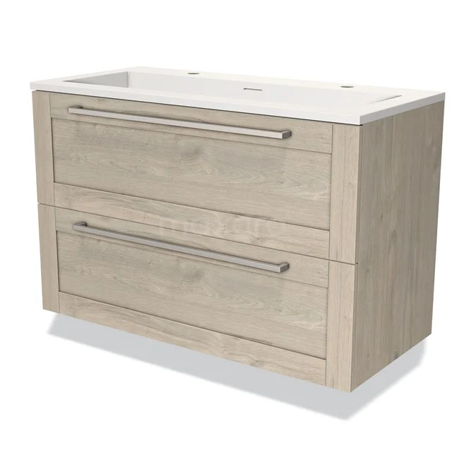 Wooden vanity units with basin, light oak look, two drawers and metal handles. Modern and durable design.