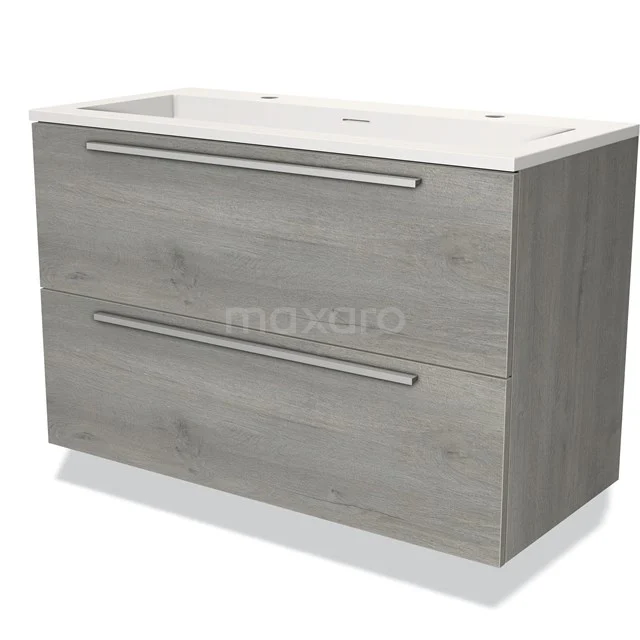 Grijze houten badkamerkast met twee lades, geïntegreerde wastafel en modern design voor stijlvolle badkameropslag.