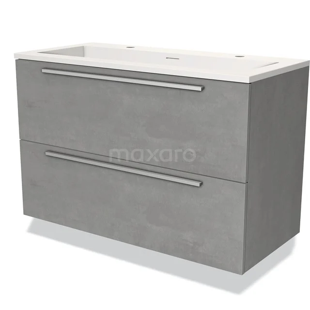 Bathroom unit set in grey with two drawers, plastic vanity units with basin and double tap holes and sleek design.