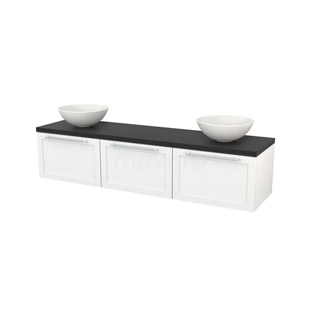 White bathroom unit with three drawers, black worktop and white double basins; modern design for stylish bathroom storage.