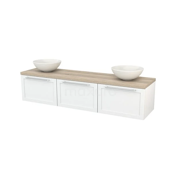 Weiße Badmöbelset mit Holzplatte, doppelten Waschbecken und Soft-Close Schubladen, ideal für moderne Badezimmeraufstellungen.