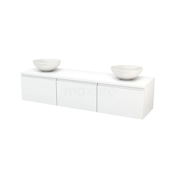 Weißes Badezimmermöbel mit Doppelwaschbecken, schlankes Design, moderner Stil, geeignet für eine geräumige Badezimmergestaltung.