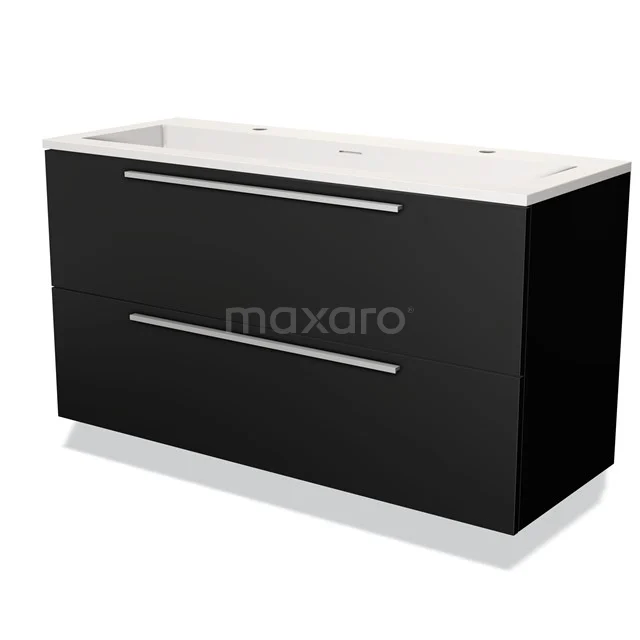 Black vanity units with drawers, sleek design and white basin; ideal for modern bathroom design.