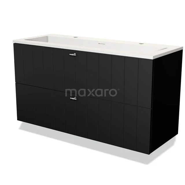Zwart badkamermeubel met twee lades, wit keramische wastafel en strakke moderne afwerking, perfect voor eigentijdse badkamers.