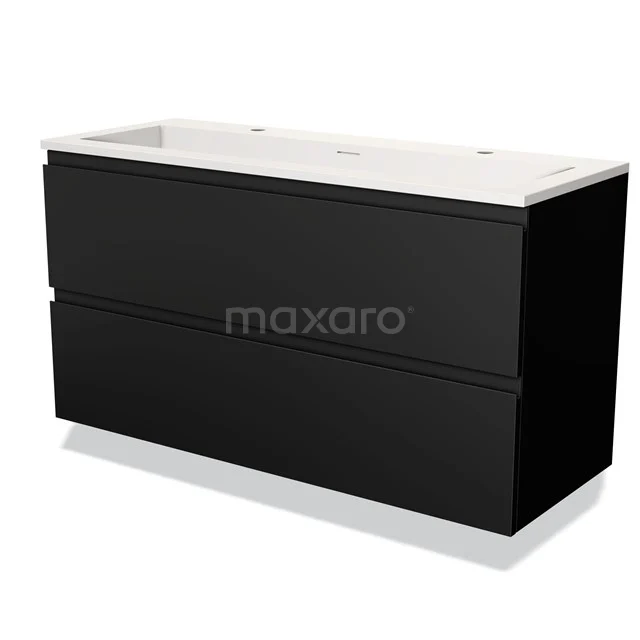 Black bathroom unit with double drawers, glossy finish and white ceramic vanity units with basin for a modern bathroom style.
