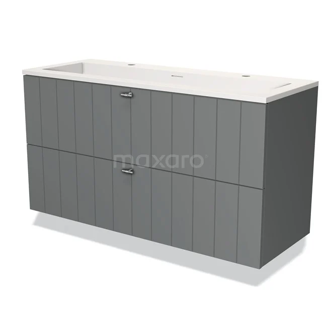Grijze dubbele wastafelmeubel met witte bovenkant, modern ribbelpatroon en compact design, perfect voor een stijlvolle badkamer.