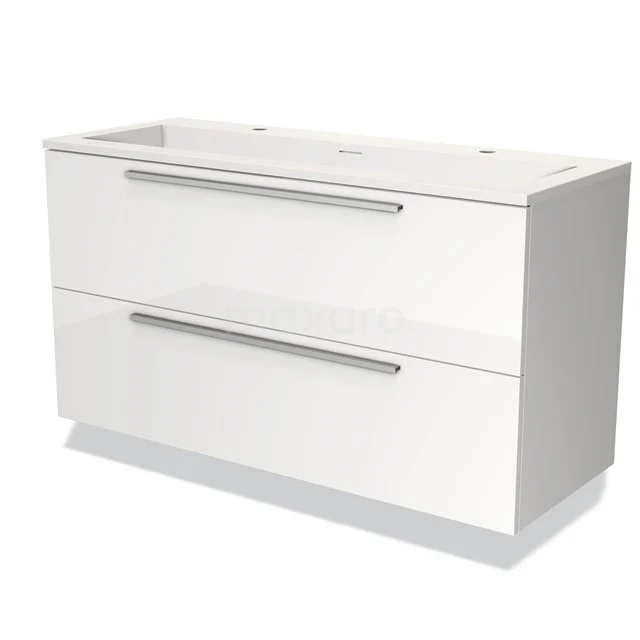 Moderne witte badkamermeubel met twee brede lades, glanzend afwerking en metalen handgrepen; ideaal voor stijlvolle badkamers.