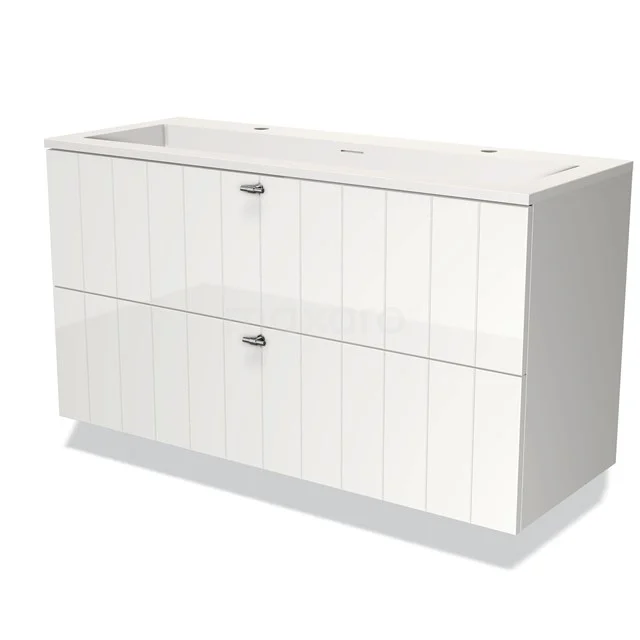 Wit badkamermeubel, modern design met twee greeploze lades, hoogglans afwerking, ideaal voor een strakke badkamer.