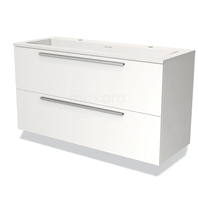 Witte badkamermeubel met twee lades, strak design, metalen handgrepen, perfect voor moderne badkamers en opbergruimte.