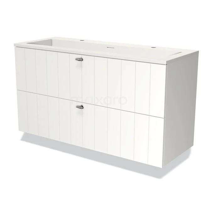 Witte hangende badkamerkast, twee lades met verticale lijnen, modern design, ideaal voor georganiseerde badkameropslag.