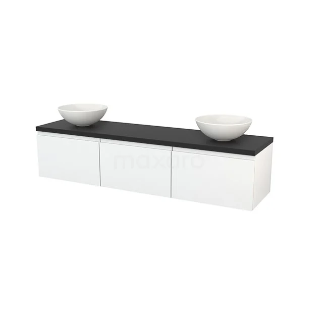 White bathroom furniture set with black worktop, double basin bowls and modern look. Perfect for a stylish bathroom.