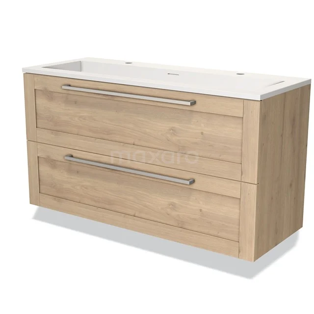 Holz Badezimmermöbel mit zwei Schubladen, natürliche Eiche Oberfläche und weißem keramischen Waschbecken, ideal für moderne Bäder.