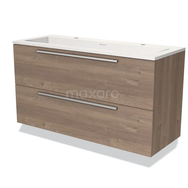 Holz Badezimmermöbel mit zwei Schubladen, modernes Design, weißes Waschbecken und schlichte metallene Haltegriffe für ein stilvolles Badezimmer.