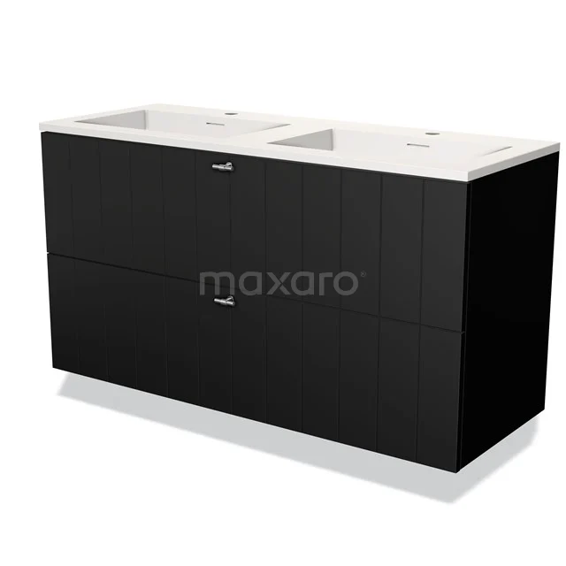 Black double vanity unit with ceramic countertop wash basins, minimalist design for modern bathrooms.
