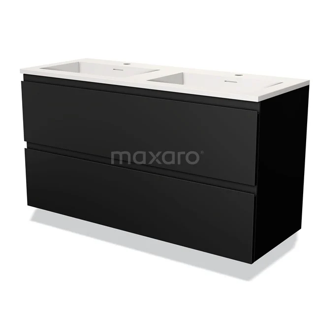 Zwarte dubbele wastafelmeubel, moderne afwerking, met hoogglans front en keramische wasbak. Perfect voor ruime badkamers.